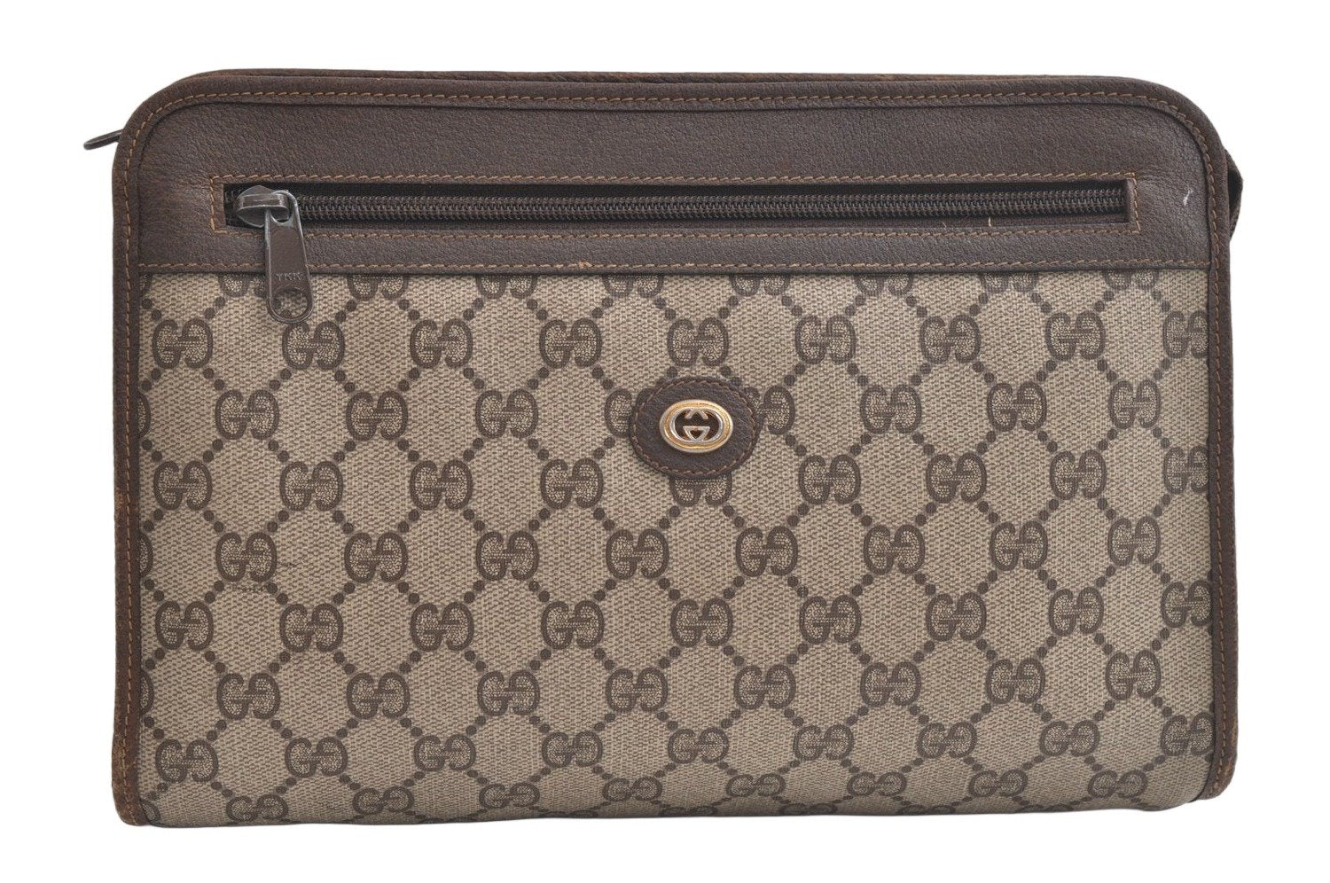 Authentic GUCCI Vintage Clutch Hand Bag Purse GG PVC Leather Brown 5122K