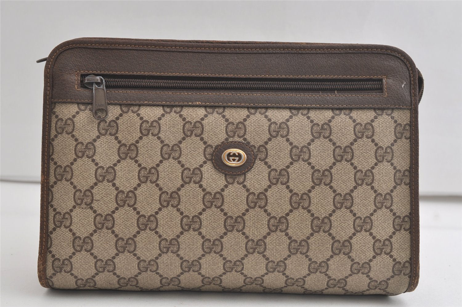 Authentic GUCCI Vintage Clutch Hand Bag Purse GG PVC Leather Brown 5122K