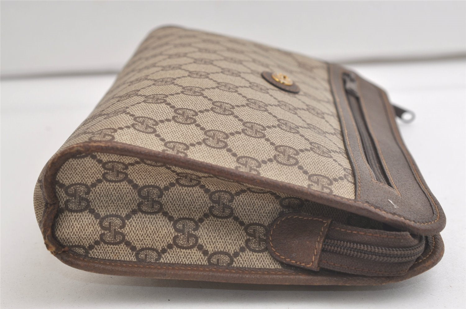 Authentic GUCCI Vintage Clutch Hand Bag Purse GG PVC Leather Brown 5122K