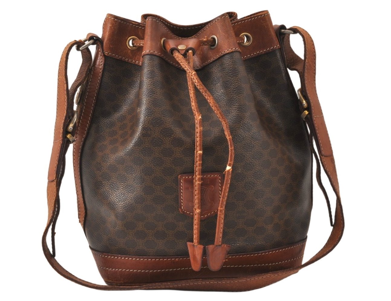 Authentic CELINE Macadam Blason Shoulder Drawstring Bag PVC Leather Brown 5123K