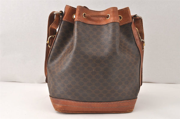 Authentic CELINE Macadam Blason Shoulder Drawstring Bag PVC Leather Brown 5123K