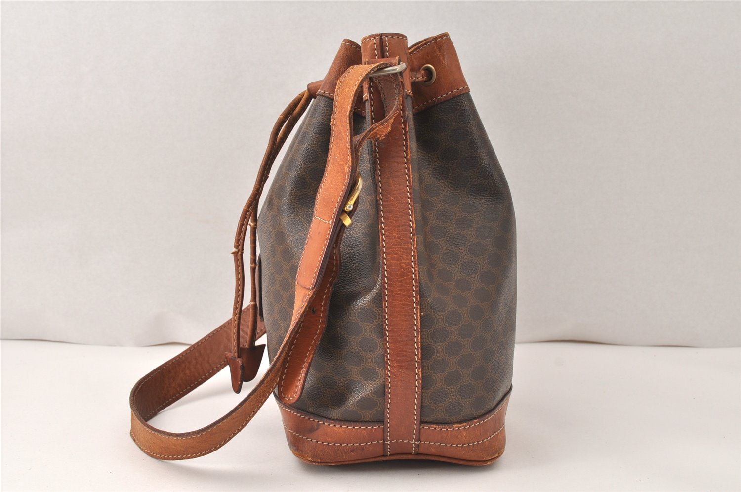Authentic CELINE Macadam Blason Shoulder Drawstring Bag PVC Leather Brown 5123K