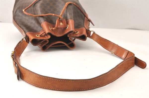 Authentic CELINE Macadam Blason Shoulder Drawstring Bag PVC Leather Brown 5123K