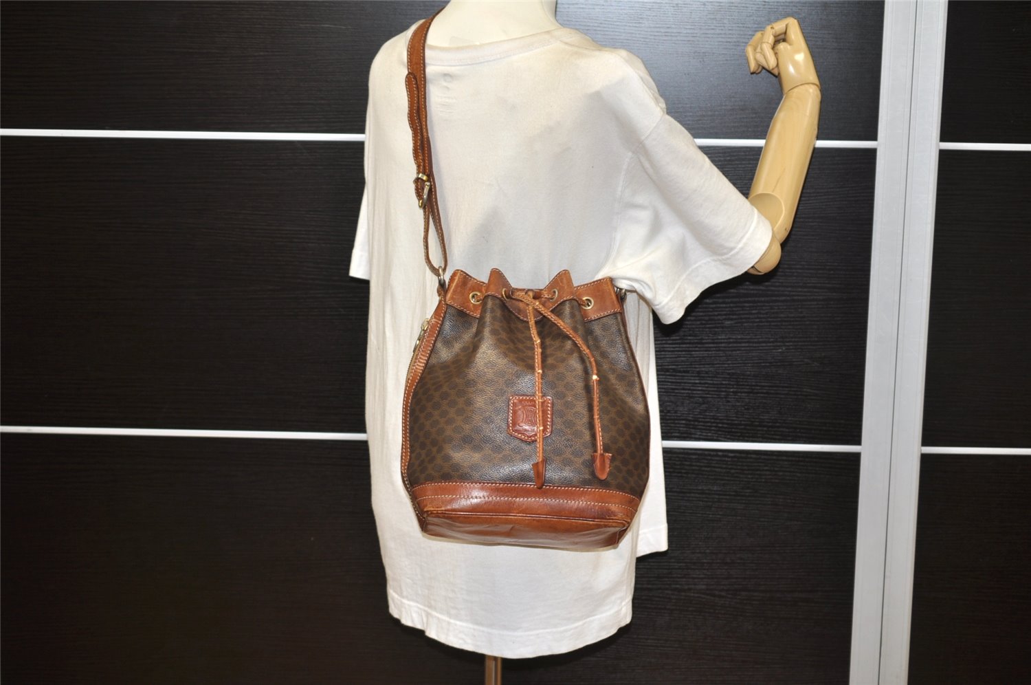 Authentic CELINE Macadam Blason Shoulder Drawstring Bag PVC Leather Brown 5123K