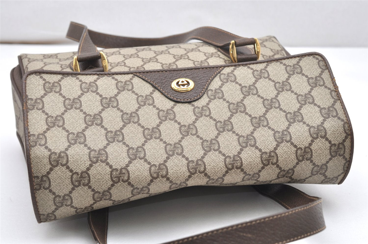 Authentic GUCCI Vintage Hand Bag Purse GG PVC Leather Brown Junk 5128K