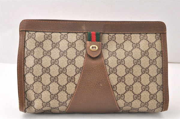 Authentic GUCCI Web Sherry Line Clutch Hand Bag GG PVC Leather Brown Junk 5129K