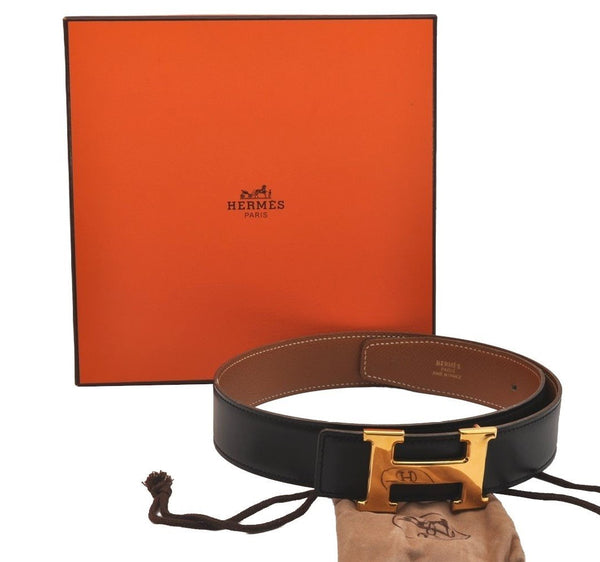 Authentic HERMES Constance Leather Belt Size 65cm 25.6" Black Brown Box 5130J