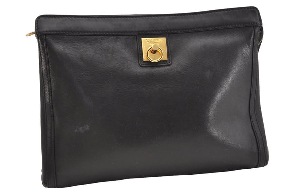 Authentic CELINE Vintage Clutch Hand Bag Purse Leather Black 5131J