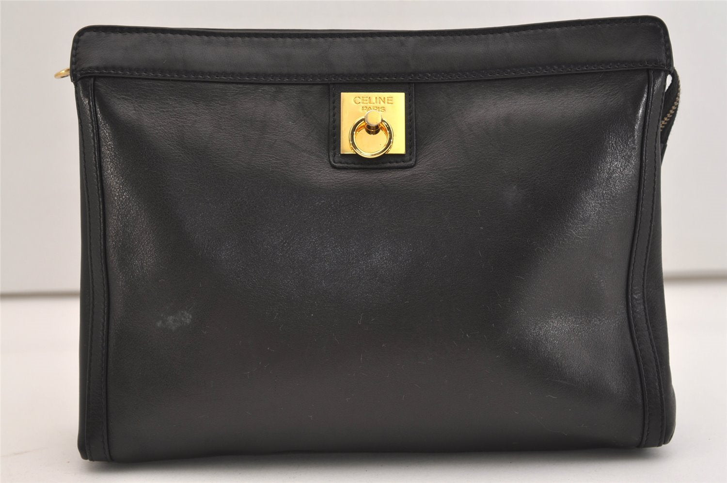 Authentic CELINE Vintage Clutch Hand Bag Purse Leather Black 5131J