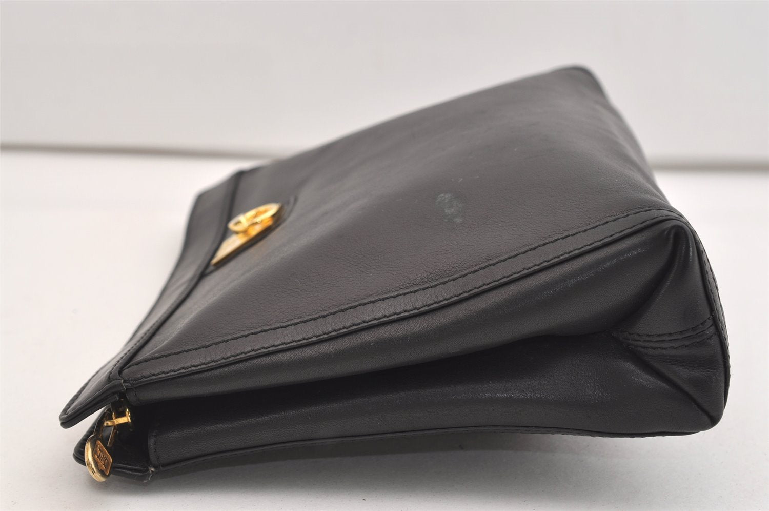 Authentic CELINE Vintage Clutch Hand Bag Purse Leather Black 5131J