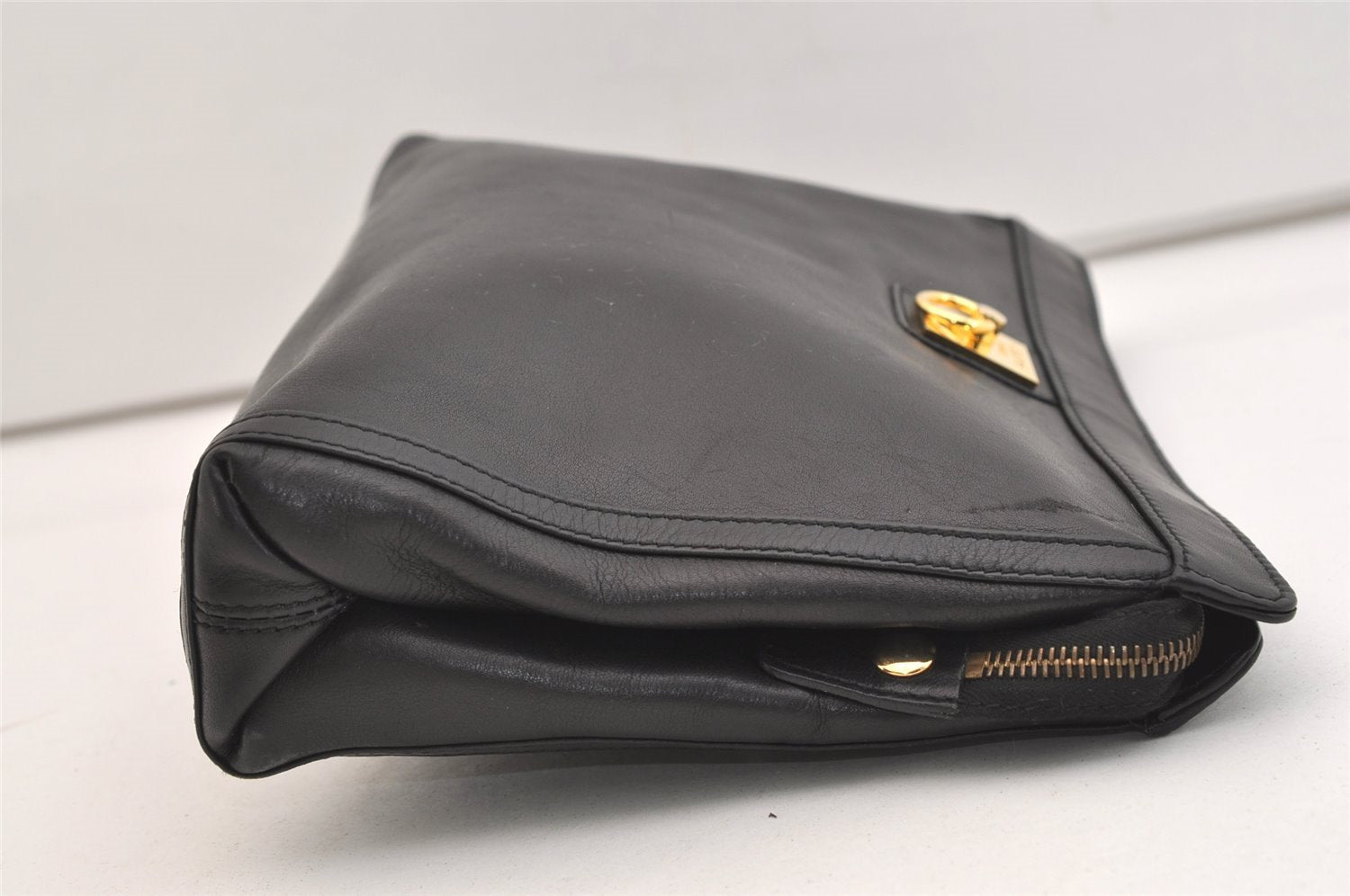 Authentic CELINE Vintage Clutch Hand Bag Purse Leather Black 5131J