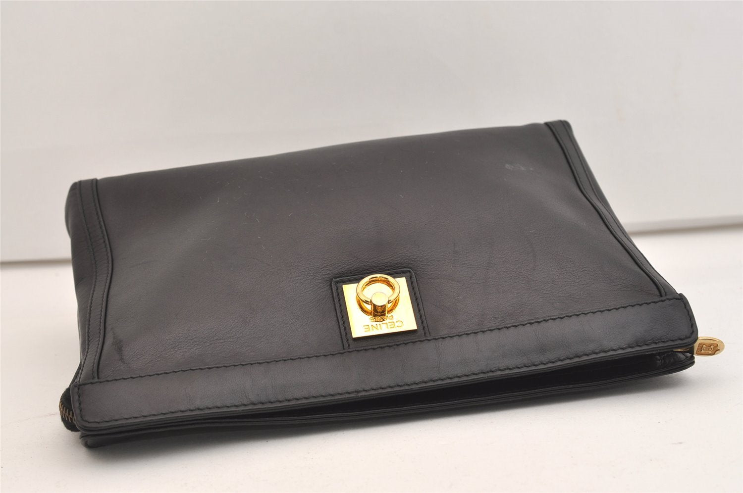 Authentic CELINE Vintage Clutch Hand Bag Purse Leather Black 5131J