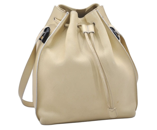 Authentic GUCCI Vintage Shoulder Drawstring Bag Leather Cream White Junk 5132K