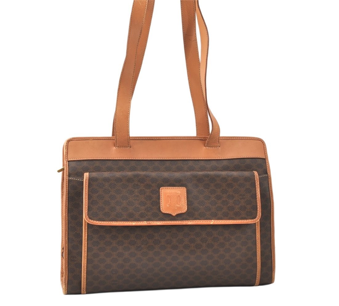 Authentic CELINE Macadam Blason Shoulder Tote Bag PVC Leather Brown 5133K