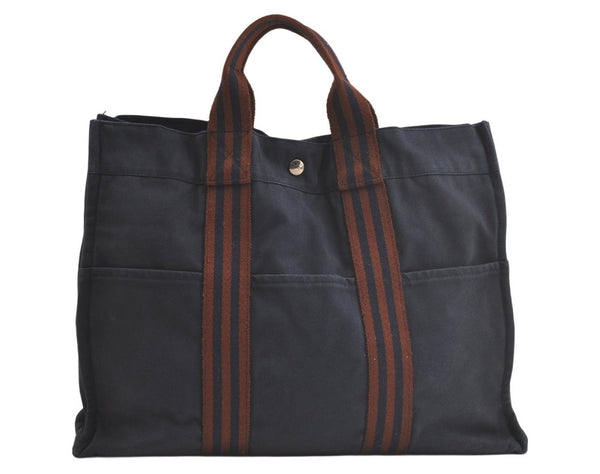 Authentic HERMES Fourre Tout MM Hand Tote Bag Canvas Navy Blue 5135K