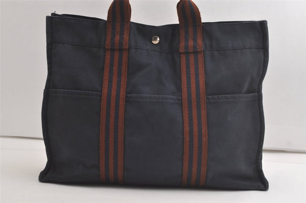 Authentic HERMES Fourre Tout MM Hand Tote Bag Canvas Navy Blue 5135K