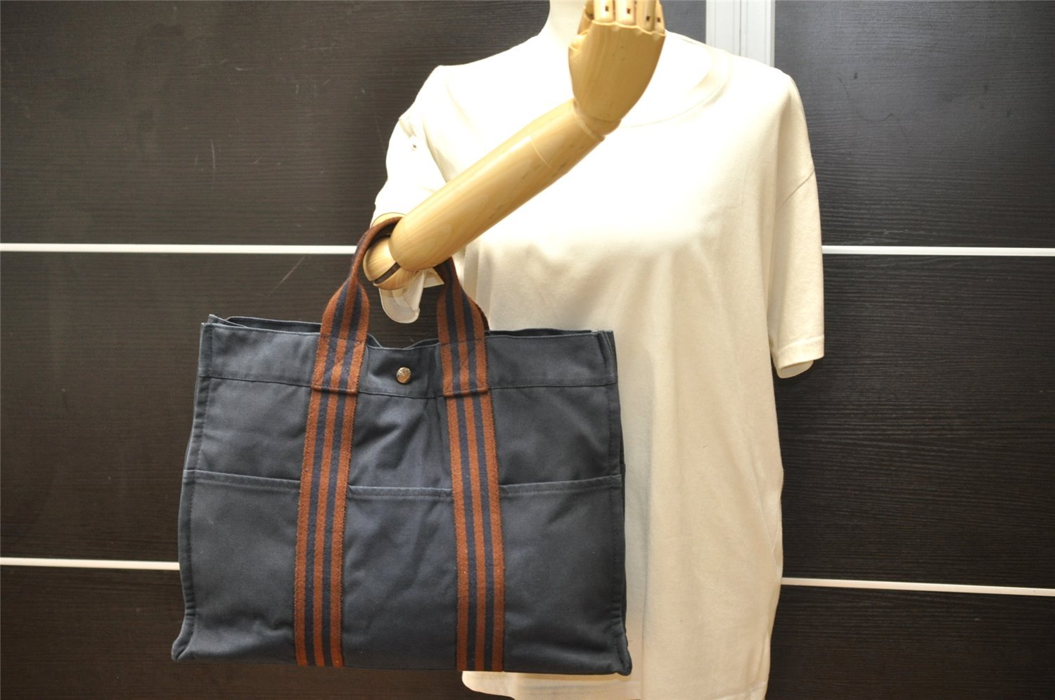 Authentic HERMES Fourre Tout MM Hand Tote Bag Canvas Navy Blue 5135K