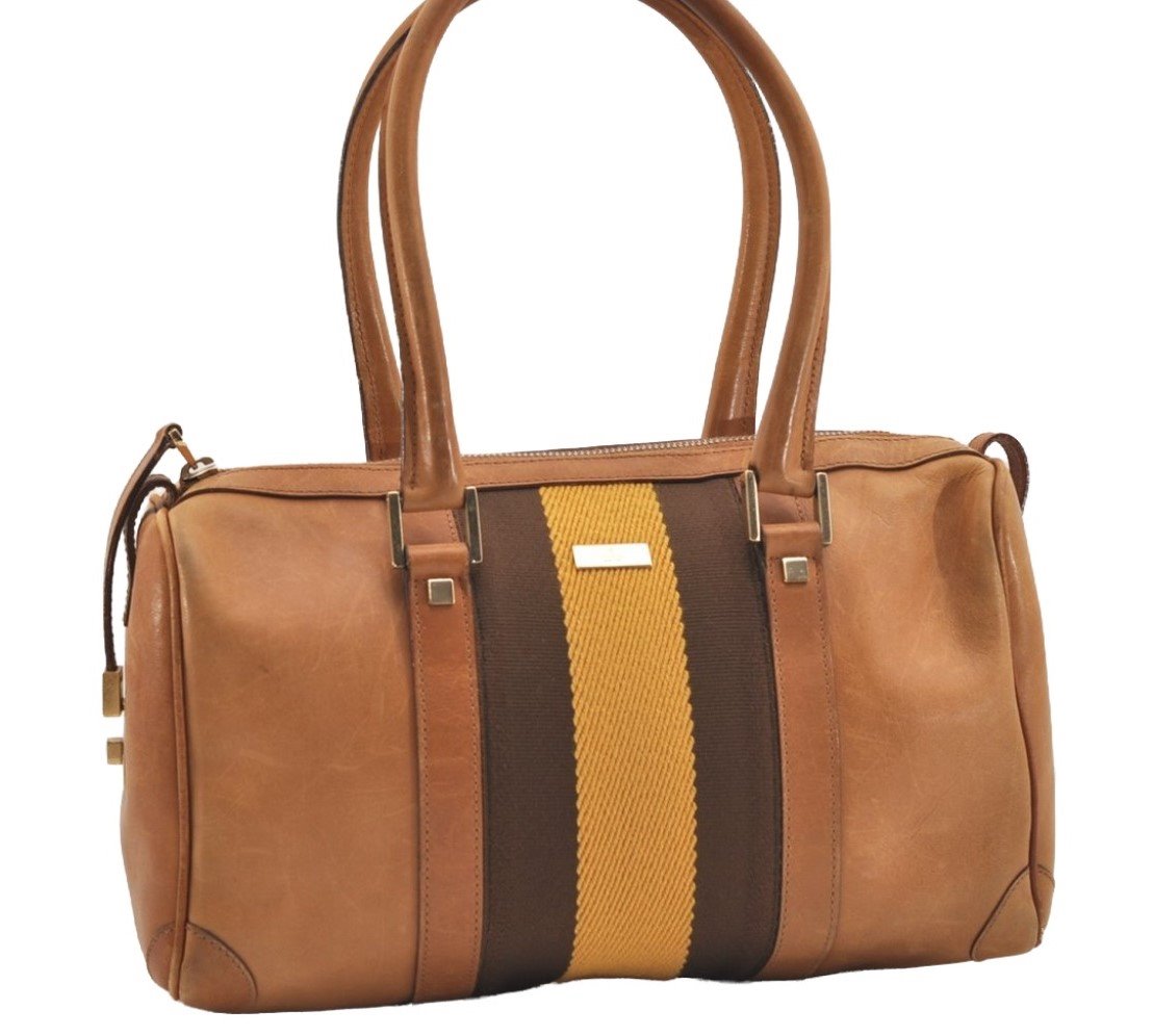 Authentic GUCCI Sherry Line Hand Boston Bag Leather Canvas 0000851 Brown 5137J