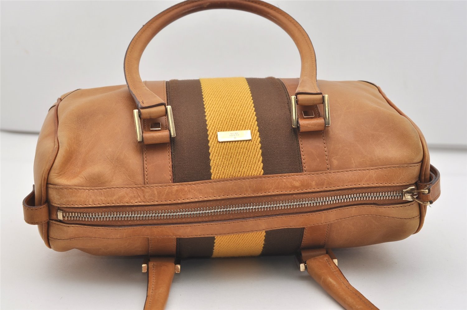 Authentic GUCCI Sherry Line Hand Boston Bag Leather Canvas 0000851 Brown 5137J