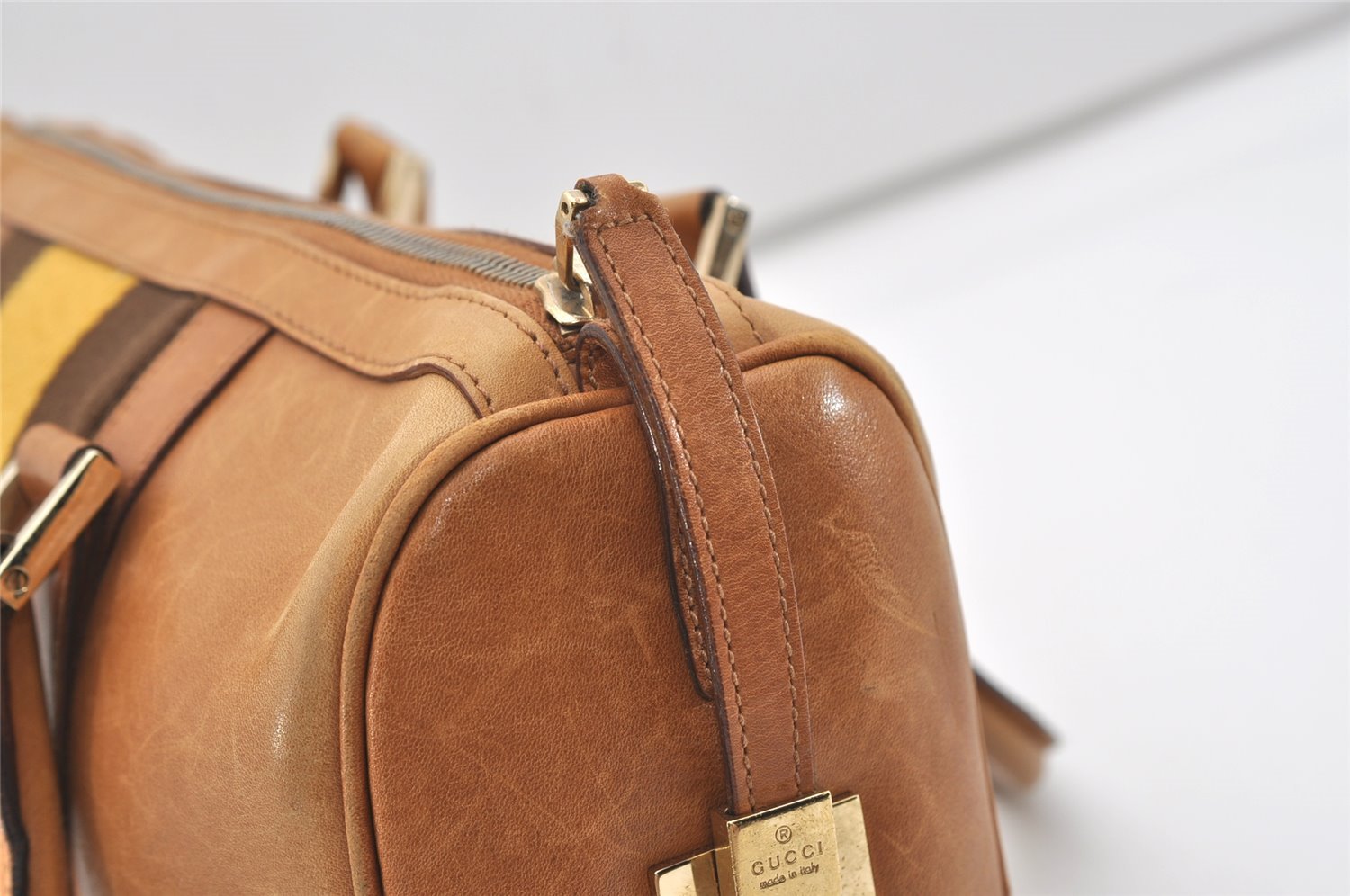 Authentic GUCCI Sherry Line Hand Boston Bag Leather Canvas 0000851 Brown 5137J