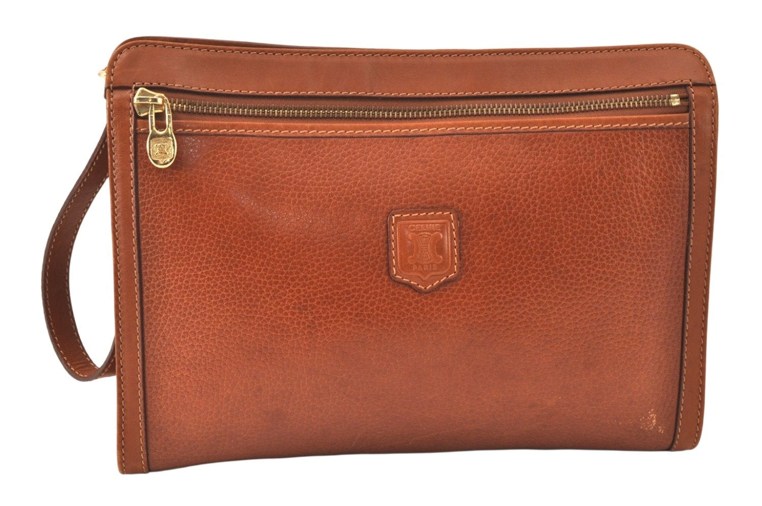 Authentic CELINE Vintage Clutch Hand Bag Purse Leather Brown 5137K