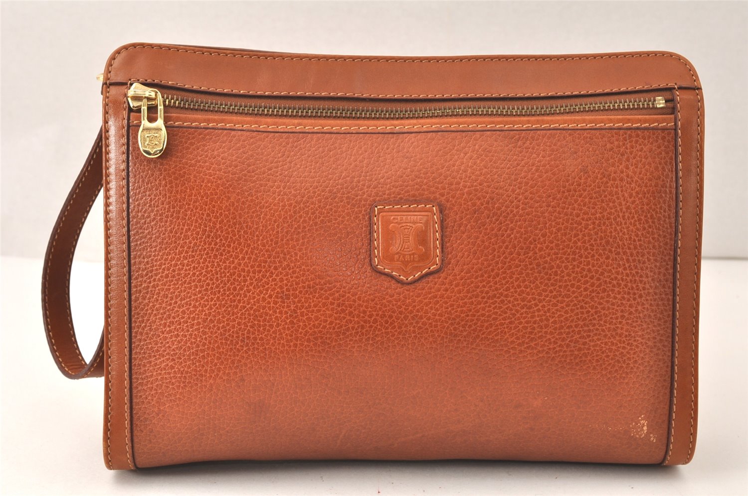 Authentic CELINE Vintage Clutch Hand Bag Purse Leather Brown 5137K