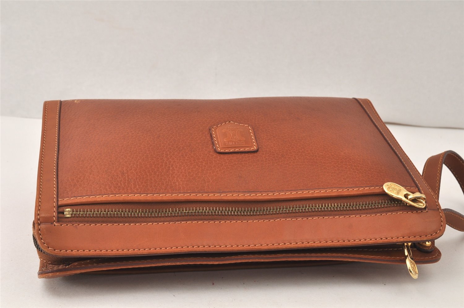 Authentic CELINE Vintage Clutch Hand Bag Purse Leather Brown 5137K