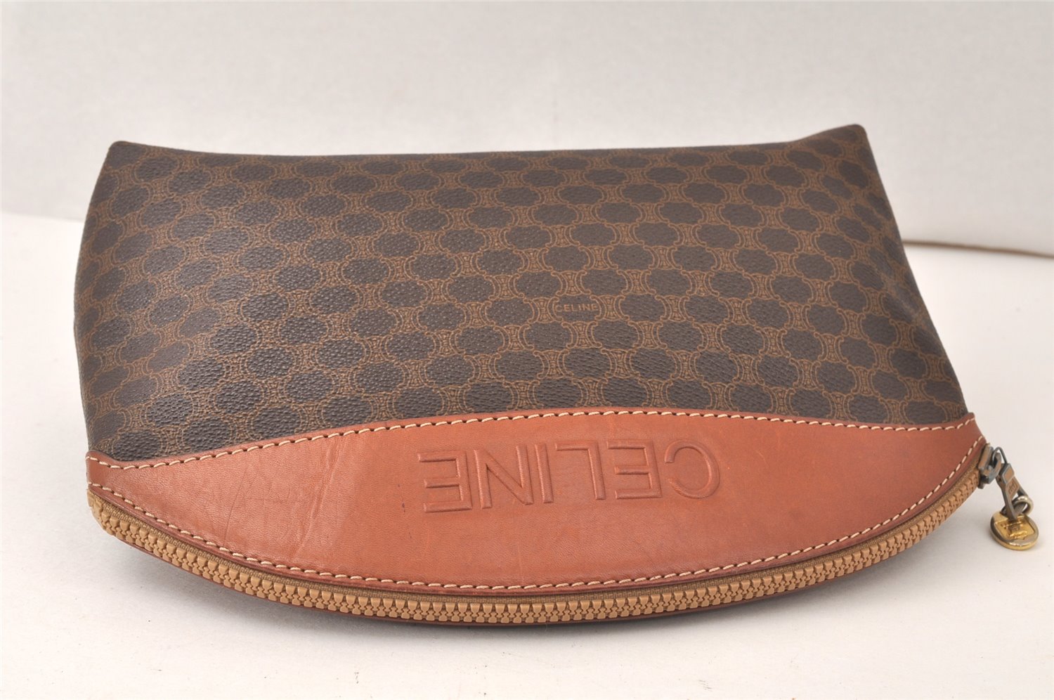 Authentic CELINE Macadam Blason Pattern Clutch Hand Bag PVC Leather Brown 5140K