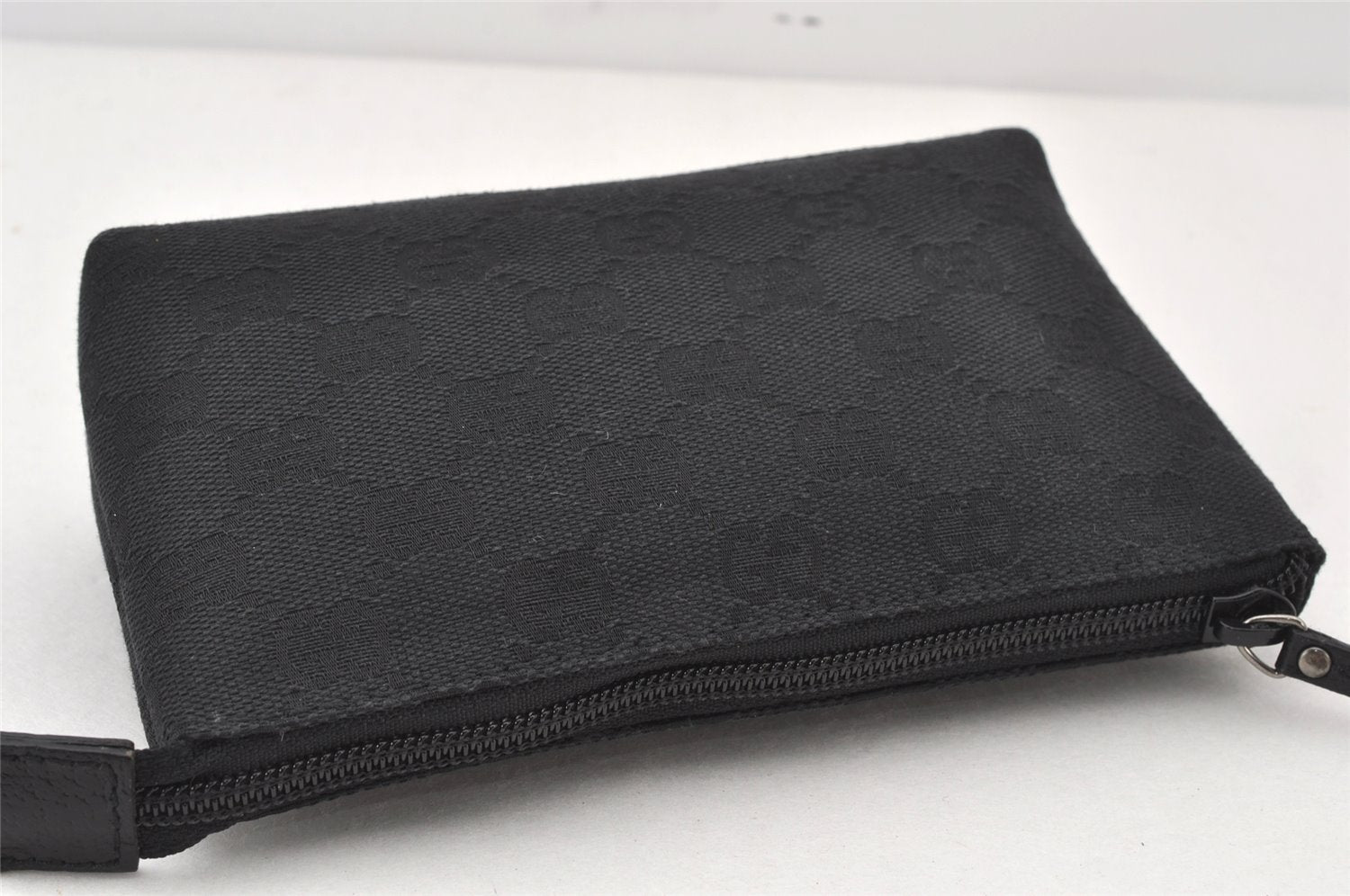 Authentic GUCCI Cosmetic Pouch Purse GG Canvas Leather 115237 Black 5144K