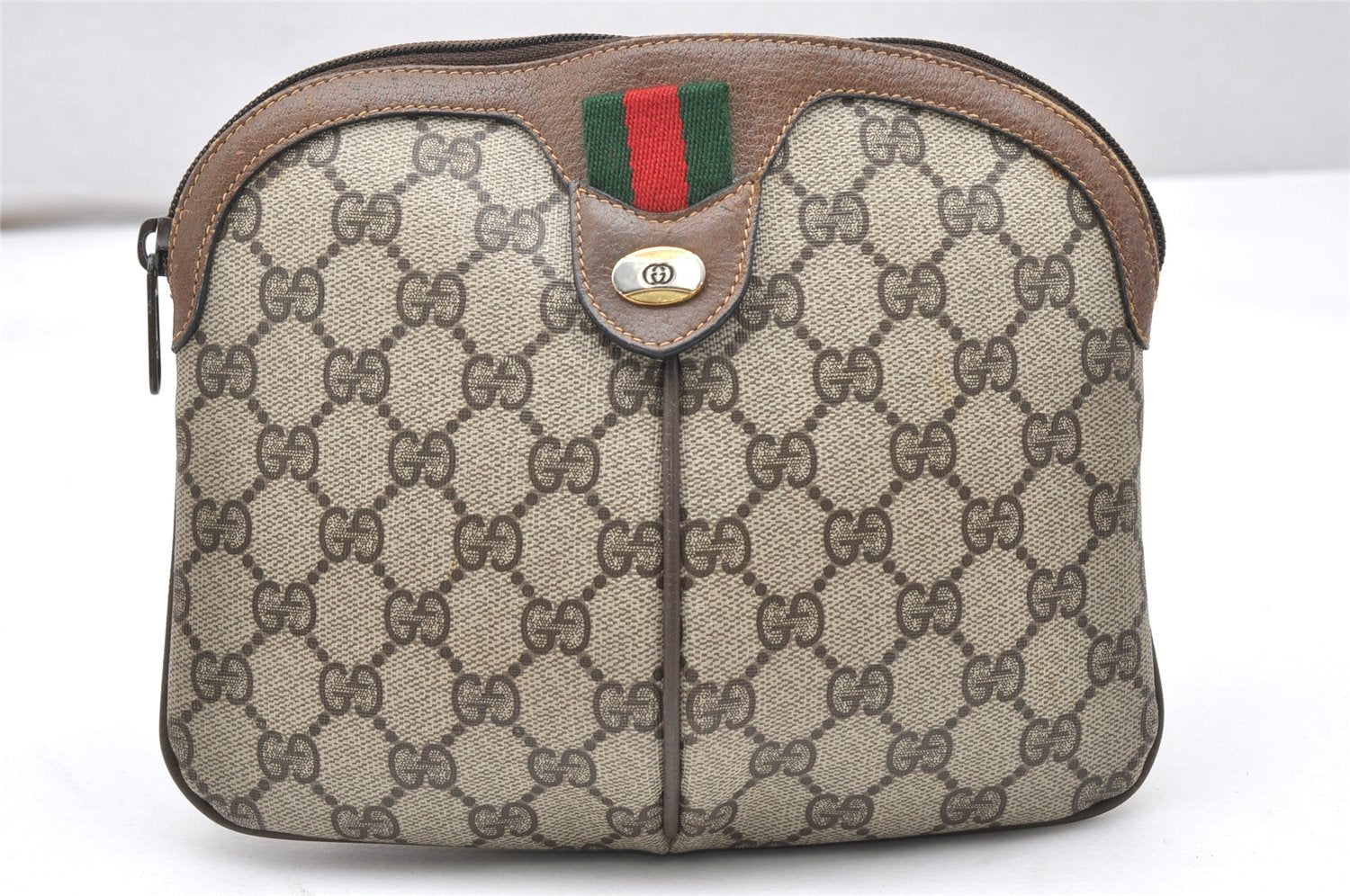 Authentic GUCCI Web Sherry Line Shoulder Bag GG PVC Leather Brown Junk 5145K