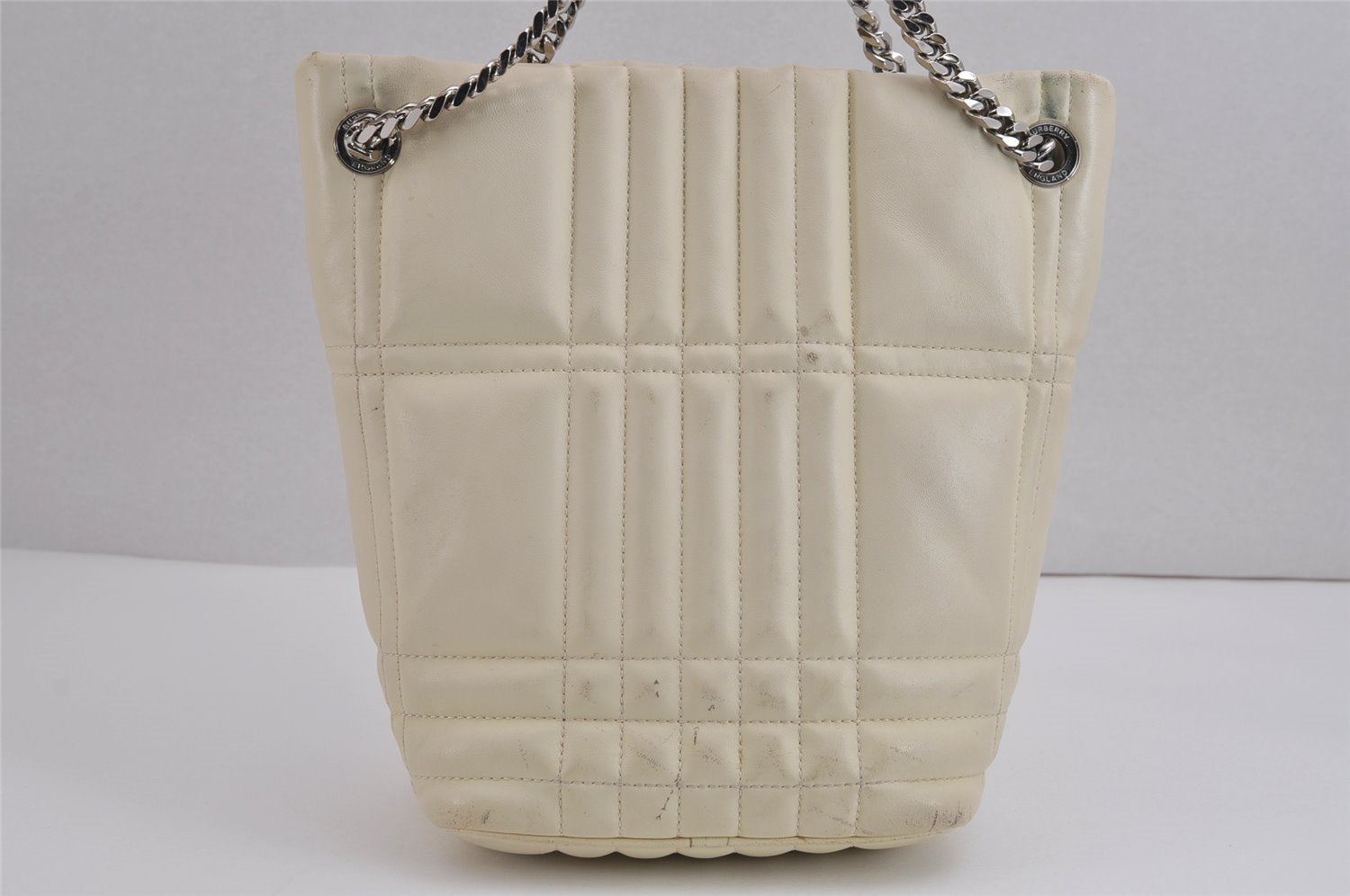 Authentic BURBERRY LOLA Leather Chain Shoulder Tote Bag White 5150J