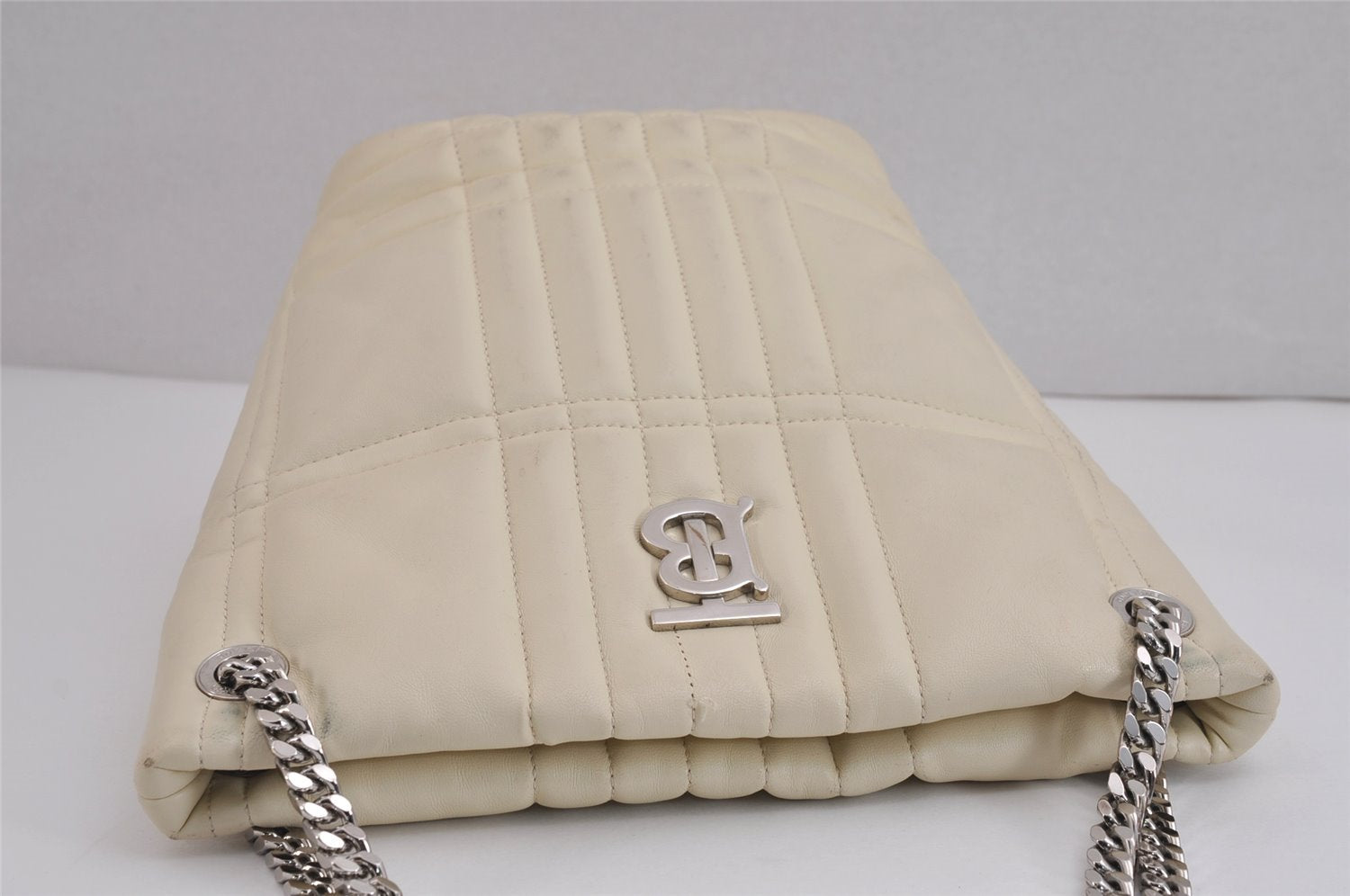 Authentic BURBERRY LOLA Leather Chain Shoulder Tote Bag White 5150J