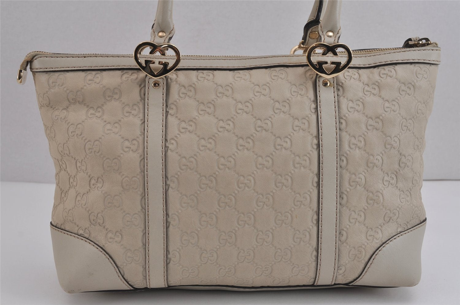 Authentic GUCCI Lovely Heart Guccissima GG Leather Tote Bag 257069 White 5153J