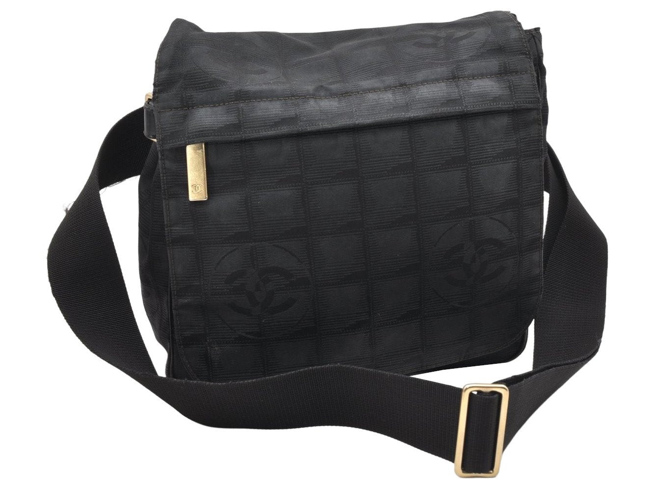 Authentic CHANEL New Travel Line Shoulder Cross Bag Nylon Leather Black 5167K