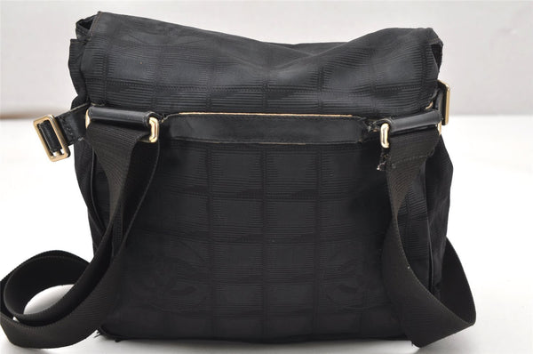 Authentic CHANEL New Travel Line Shoulder Cross Bag Nylon Leather Black 5167K