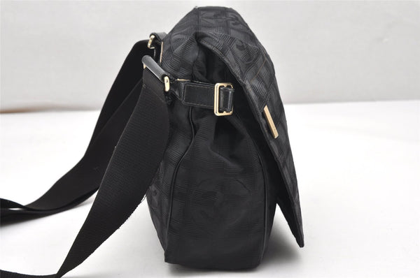 Authentic CHANEL New Travel Line Shoulder Cross Bag Nylon Leather Black 5167K