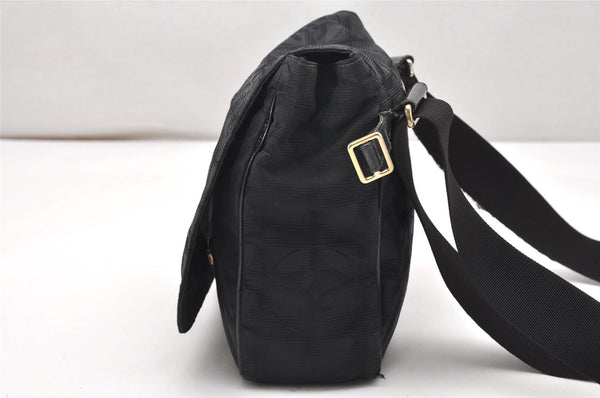 Authentic CHANEL New Travel Line Shoulder Cross Bag Nylon Leather Black 5167K