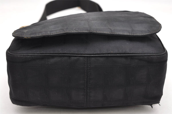 Authentic CHANEL New Travel Line Shoulder Cross Bag Nylon Leather Black 5167K