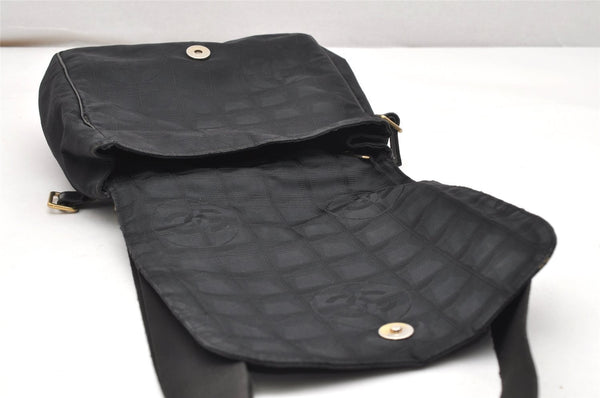 Authentic CHANEL New Travel Line Shoulder Cross Bag Nylon Leather Black 5167K