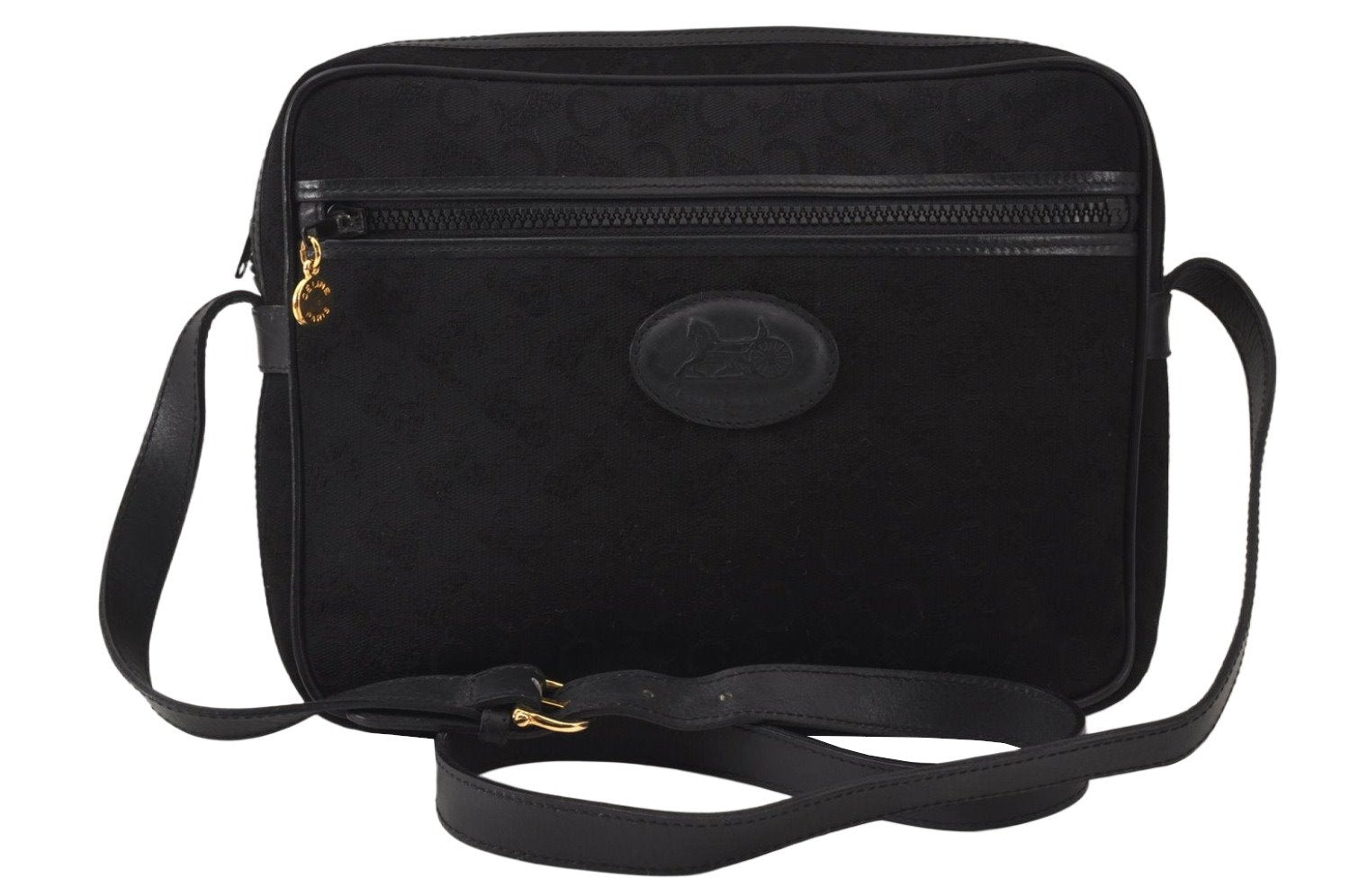 Authentic CELINE C Macadam Blason Shoulder Bag Purse Canvas Leather Black 5168K