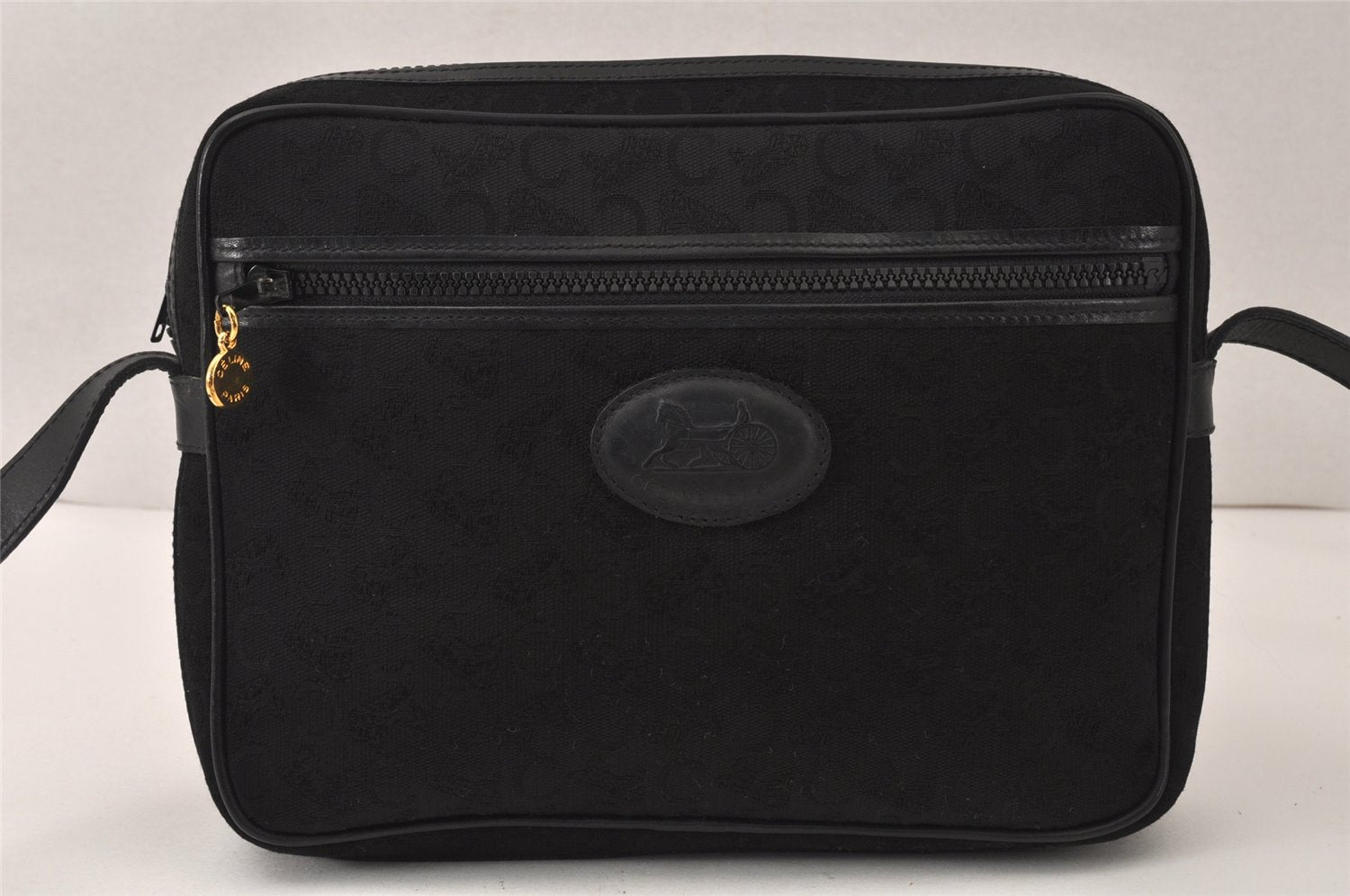 Authentic CELINE C Macadam Blason Shoulder Bag Purse Canvas Leather Black 5168K