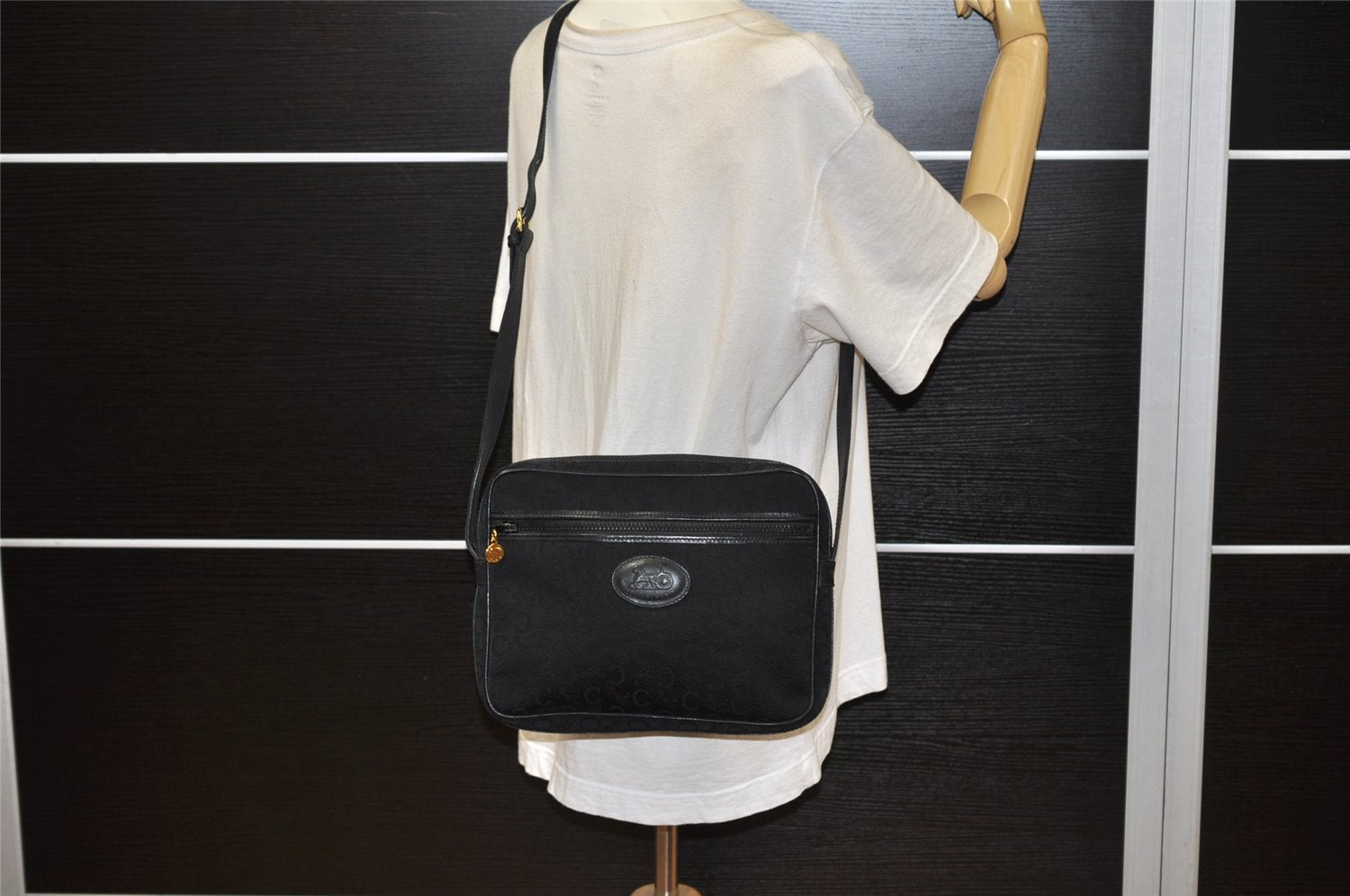 Authentic CELINE C Macadam Blason Shoulder Bag Purse Canvas Leather Black 5168K