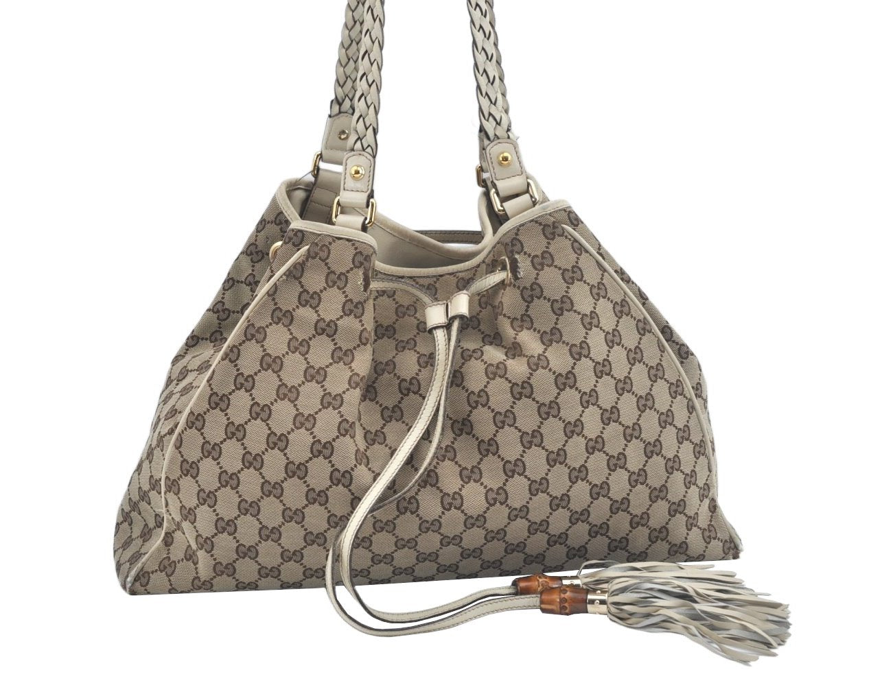 Authentic GUCCI Bamboo Tassel Tote Bag GG Canvas Leather 170206 Brown 5169I
