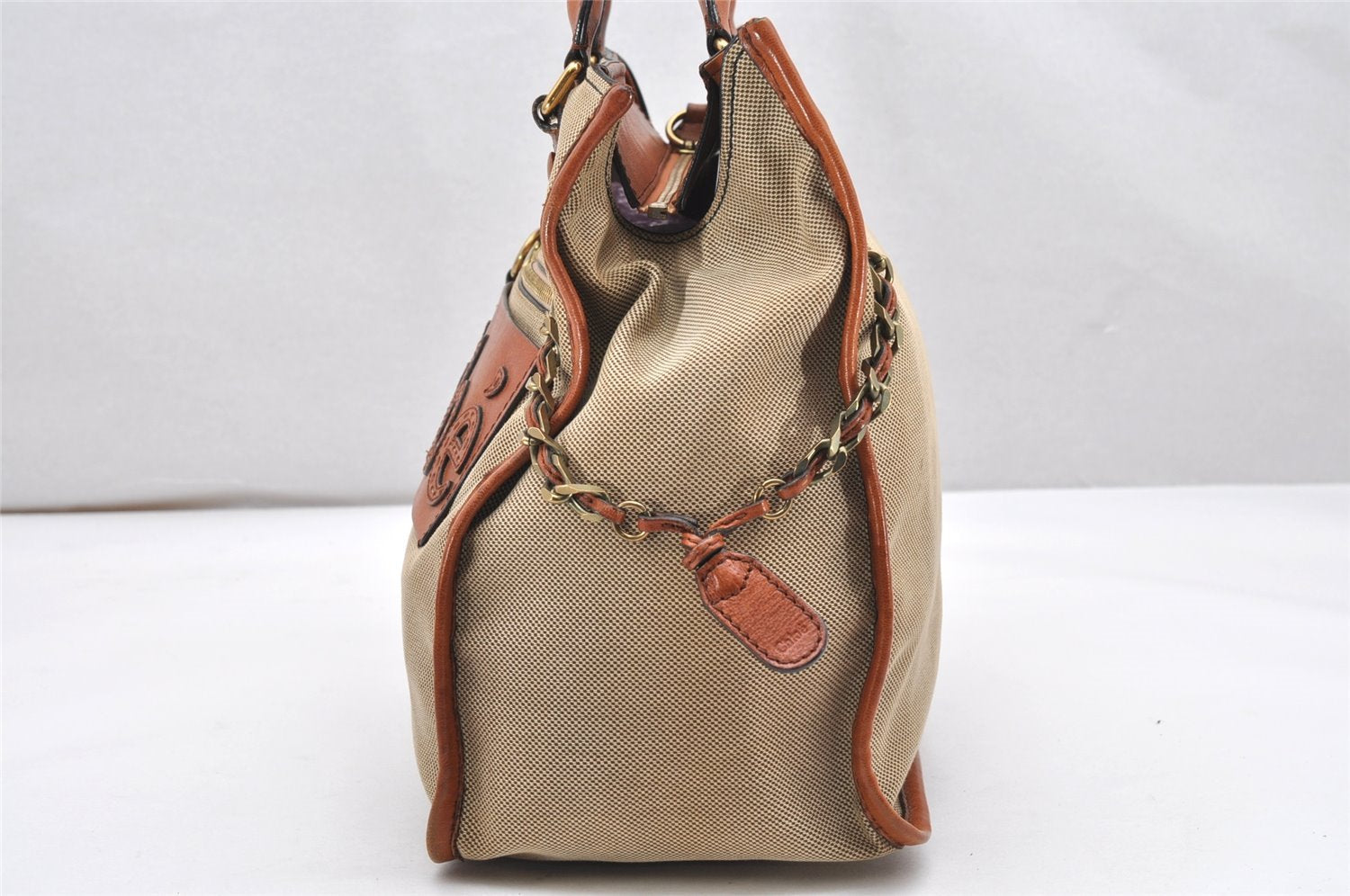 Authentic Chloe Harley Canvas Leather Shoulder Tote Bag Beige Brown 5174K