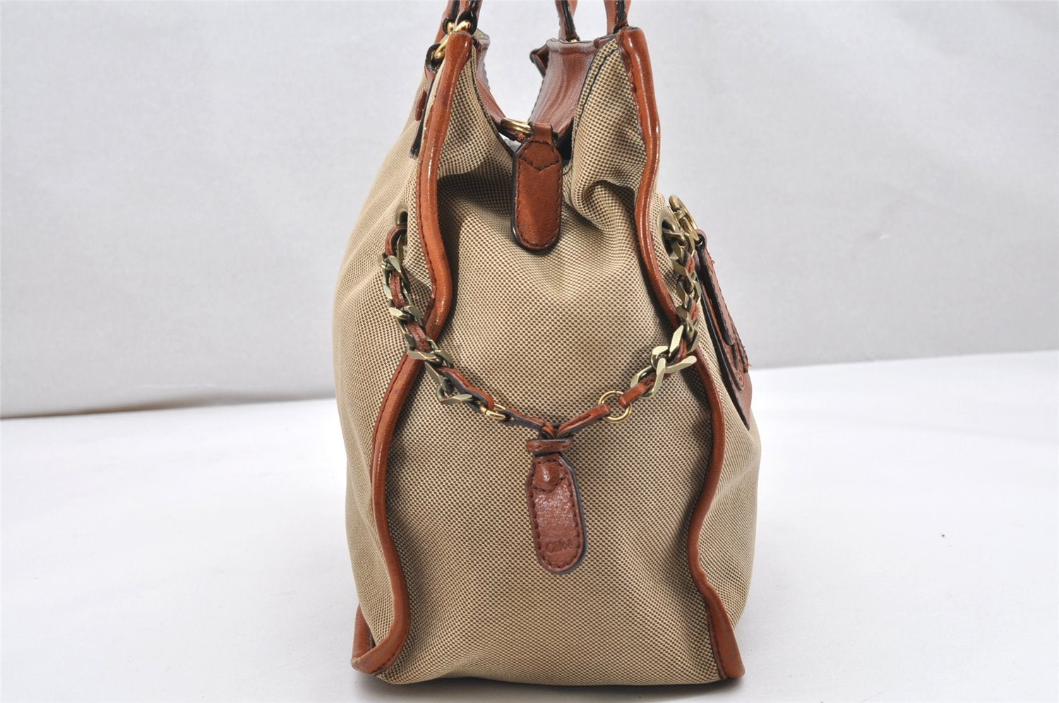 Authentic Chloe Harley Canvas Leather Shoulder Tote Bag Beige Brown 5174K