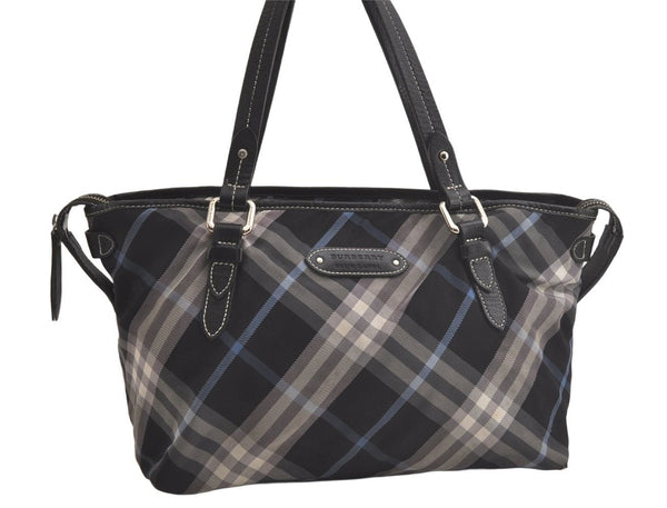 Authentic BURBERRY BLUE LABEL Check Shoulder Tote Bag Nylon Leather Black 5176K