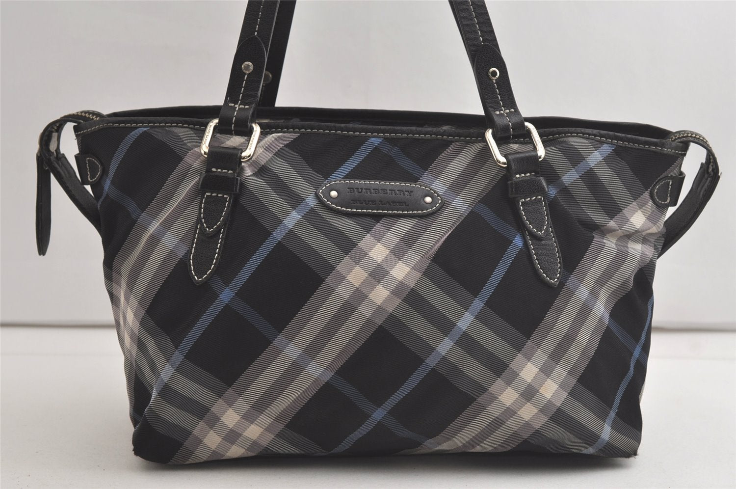 Authentic BURBERRY BLUE LABEL Check Shoulder Tote Bag Nylon Leather Black 5176K