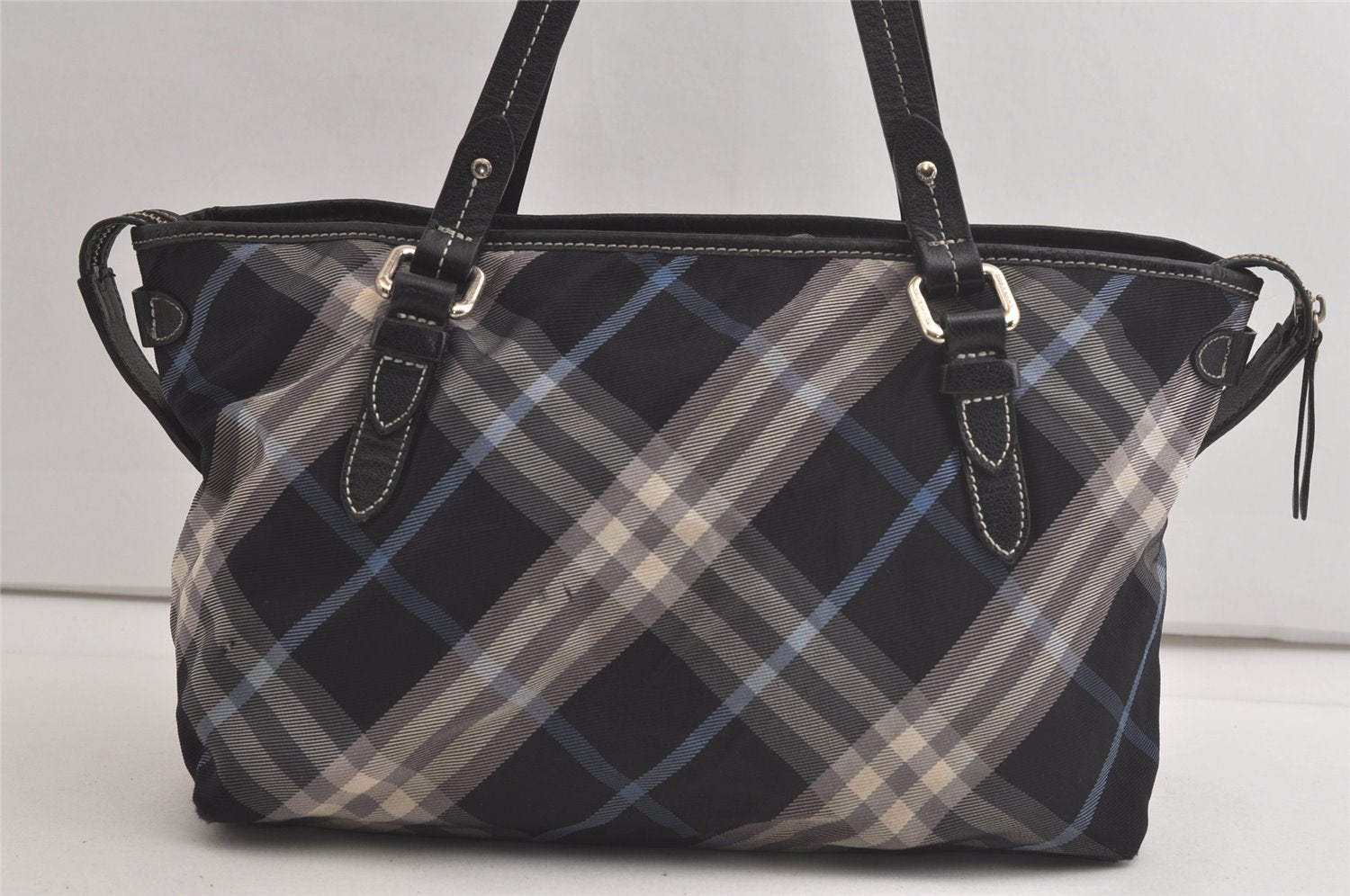 Authentic BURBERRY BLUE LABEL Check Shoulder Tote Bag Nylon Leather Black 5176K