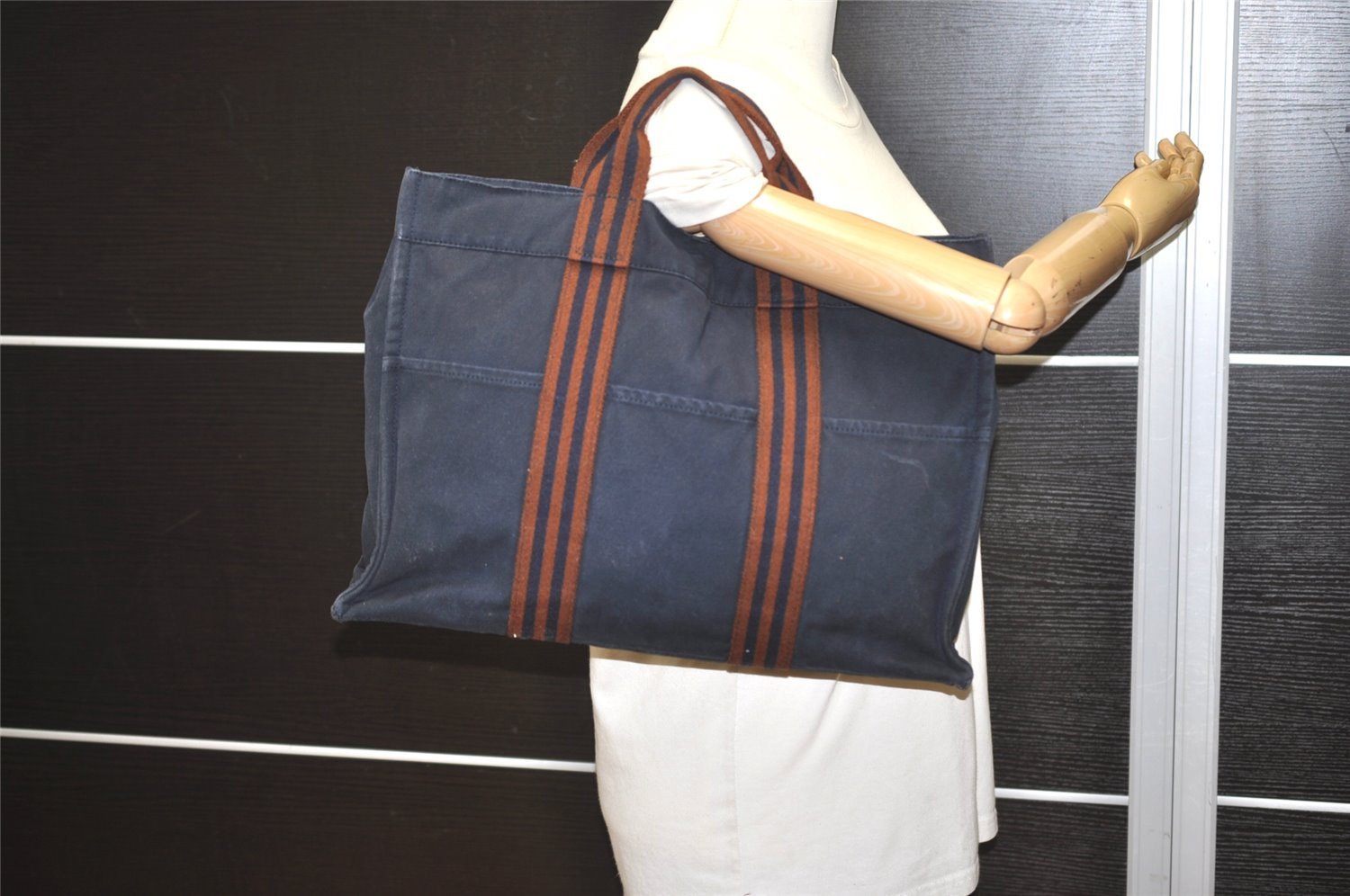 Authentic HERMES Fourre Tout MM Vintage Hand Tote Bag Canvas Navy 5184I