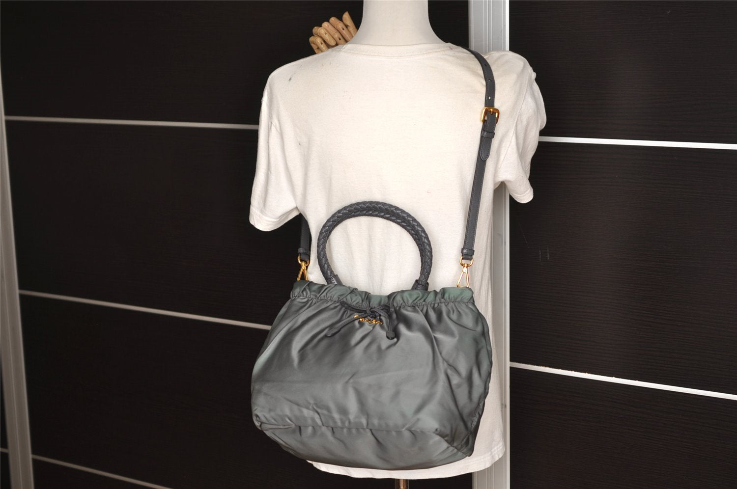 Authentic PRADA Tessuto Bow Ribbon Nylon Leather 2Way Hand Bag BN1970 Gray 5187J